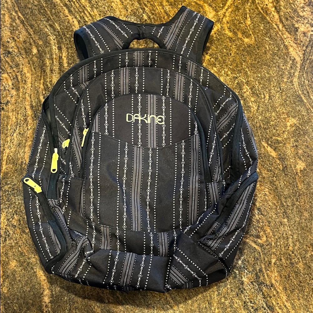 Dakine Black and White Patterned Backpack with Yellow Zippers